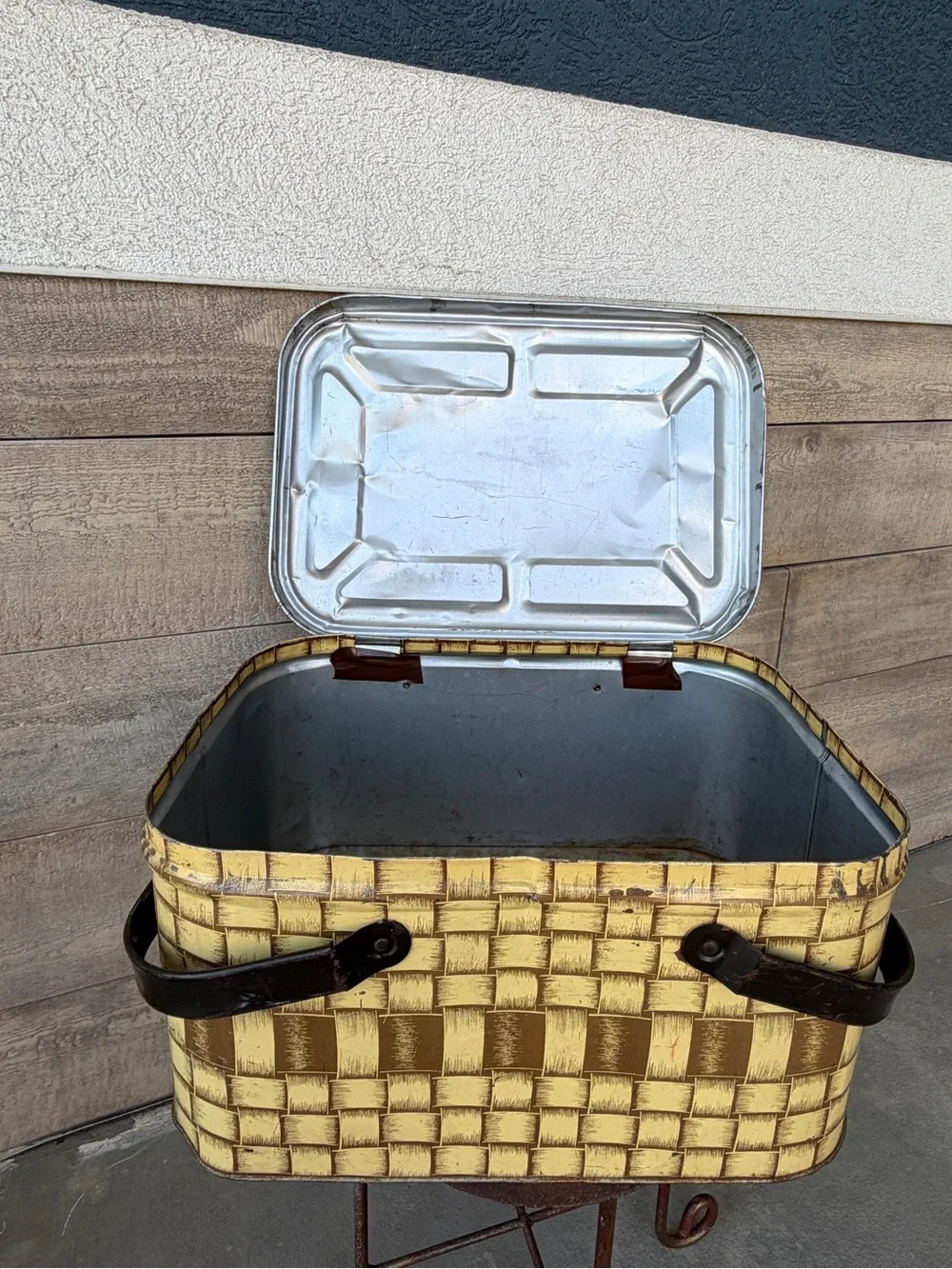 Vintage Yellow Woven-Style Storage Basket with Handles